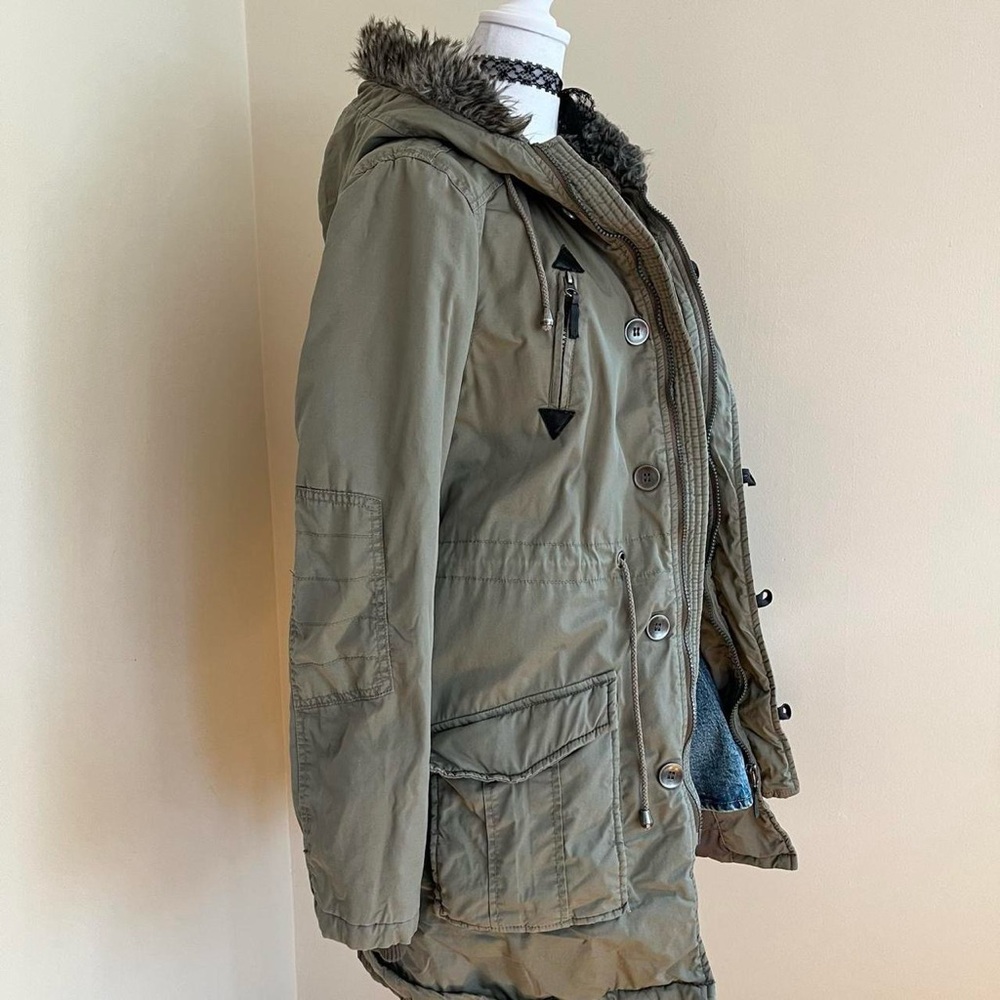 Vintage Y2K Bella Swan Green Fur Trim Military Cargo Parka Coat Jacket Hoodie M - Picture 5 of 14